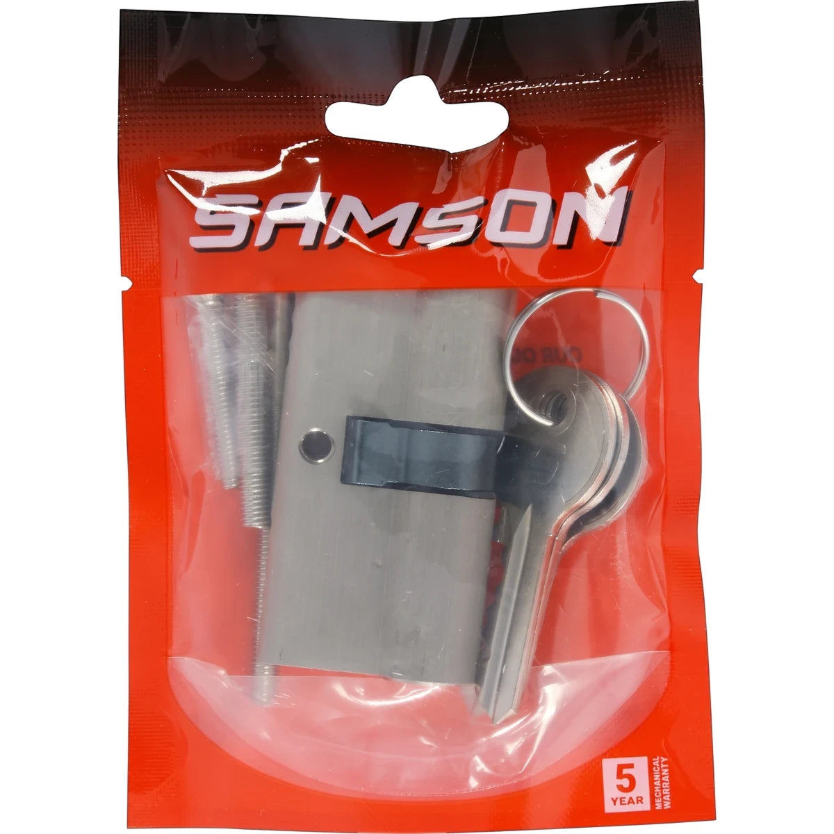 Samson Euro cylinder lock and keys in red plastic packaging with screws, displaying a 5-year mechanical warranty.
