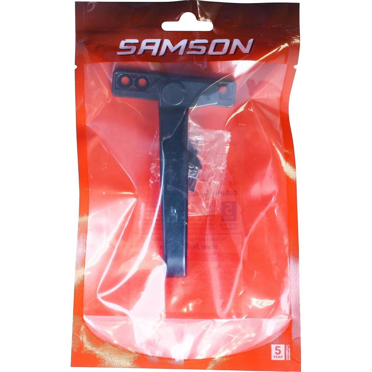 Samson Euroline black T-shaped window handle in transparent red retail packaging, displaying brand logo and warranty.