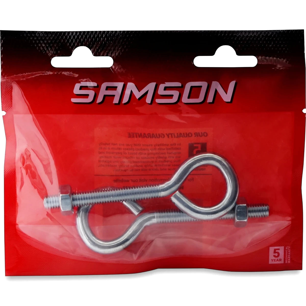 Samson Eye Bolt M8X60, 2-piece set, in clear and red retail packaging, displaying metallic construction.
