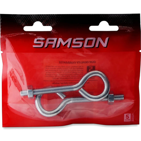 Samson Eye Bolt M8X60, 2-piece set, in clear and red retail packaging, displaying metallic construction.