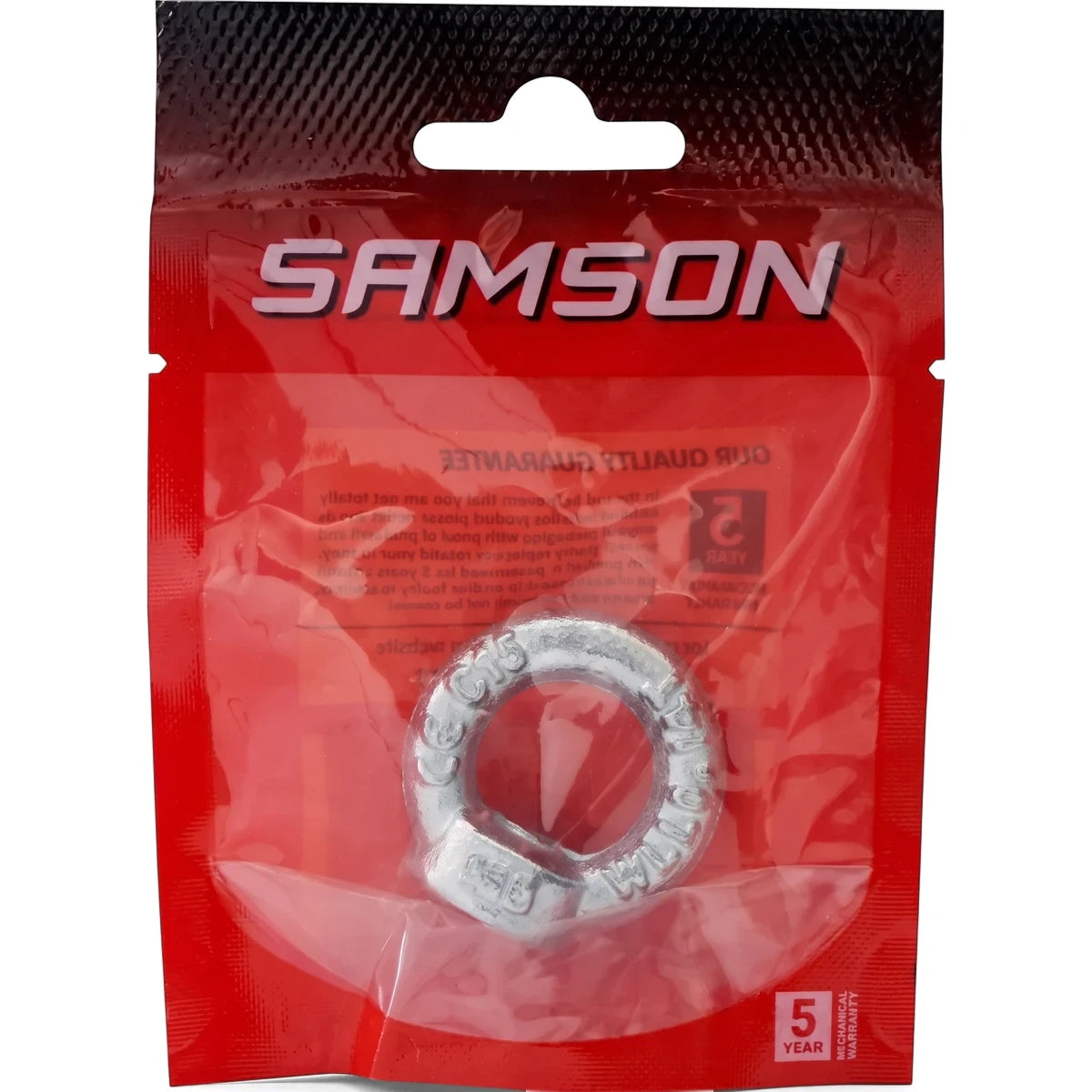 Samson Eye Nut Female M8 Padlock in red retail packaging, displaying the silver metallic nut through the clear plastic front.