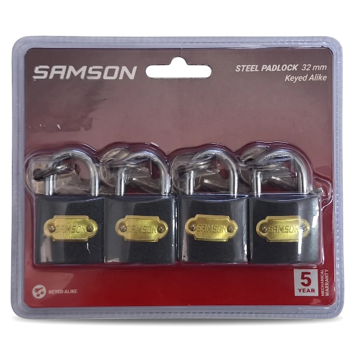 Four Samson 32mm keyed alike steel padlocks in black and brass, packaged in a clear blister pack.