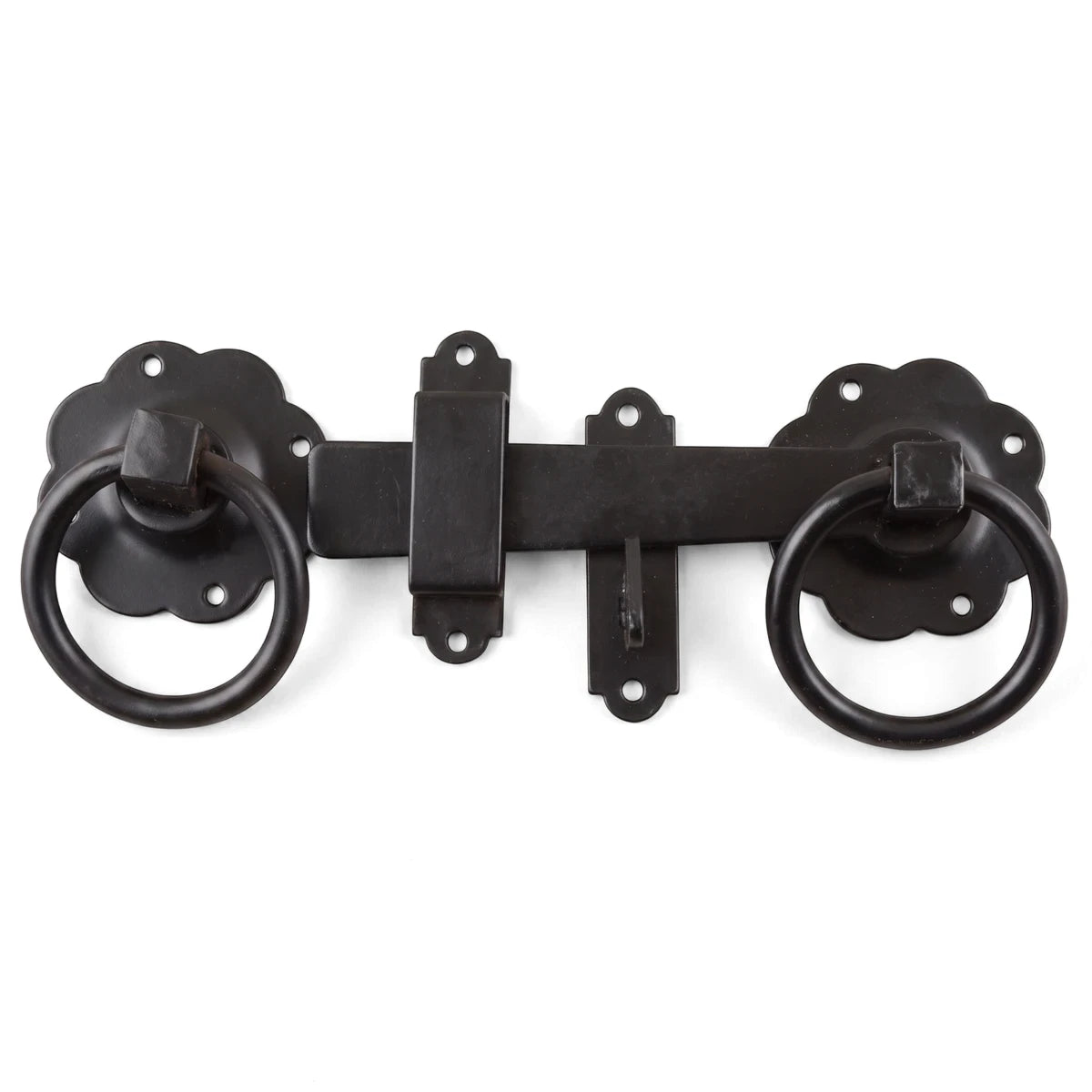 Samson gate latch in a ring style, featuring a plain black finish and durable metal construction, perfect for locks and