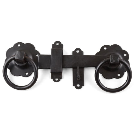 Samson gate latch in a ring style, featuring a plain black finish and durable metal construction, perfect for locks and