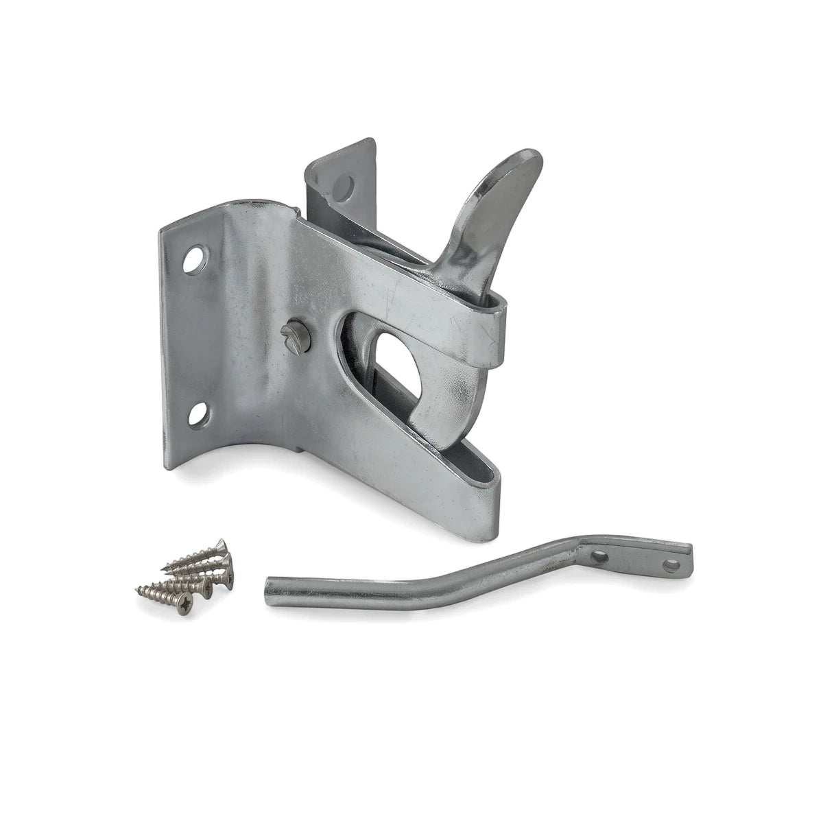Silver metallic Samson gate latch kit with a lever, separate curved bar, and four wood screws, displayed on a white