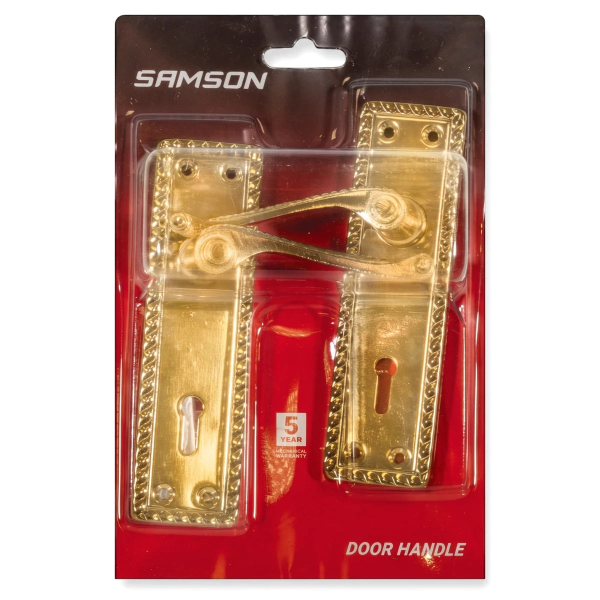 Samson gold-colored 8-inch door handle lockset in red retail packaging, featuring ornate plates and two levers.
