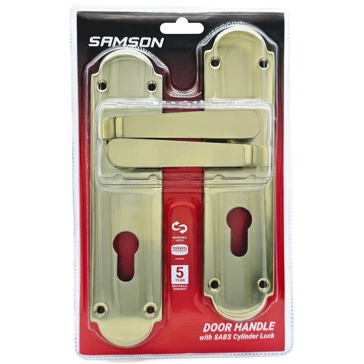 Samson gold door handle set with SABS cylinder lock in clear and red retail packaging, displayed vertically.