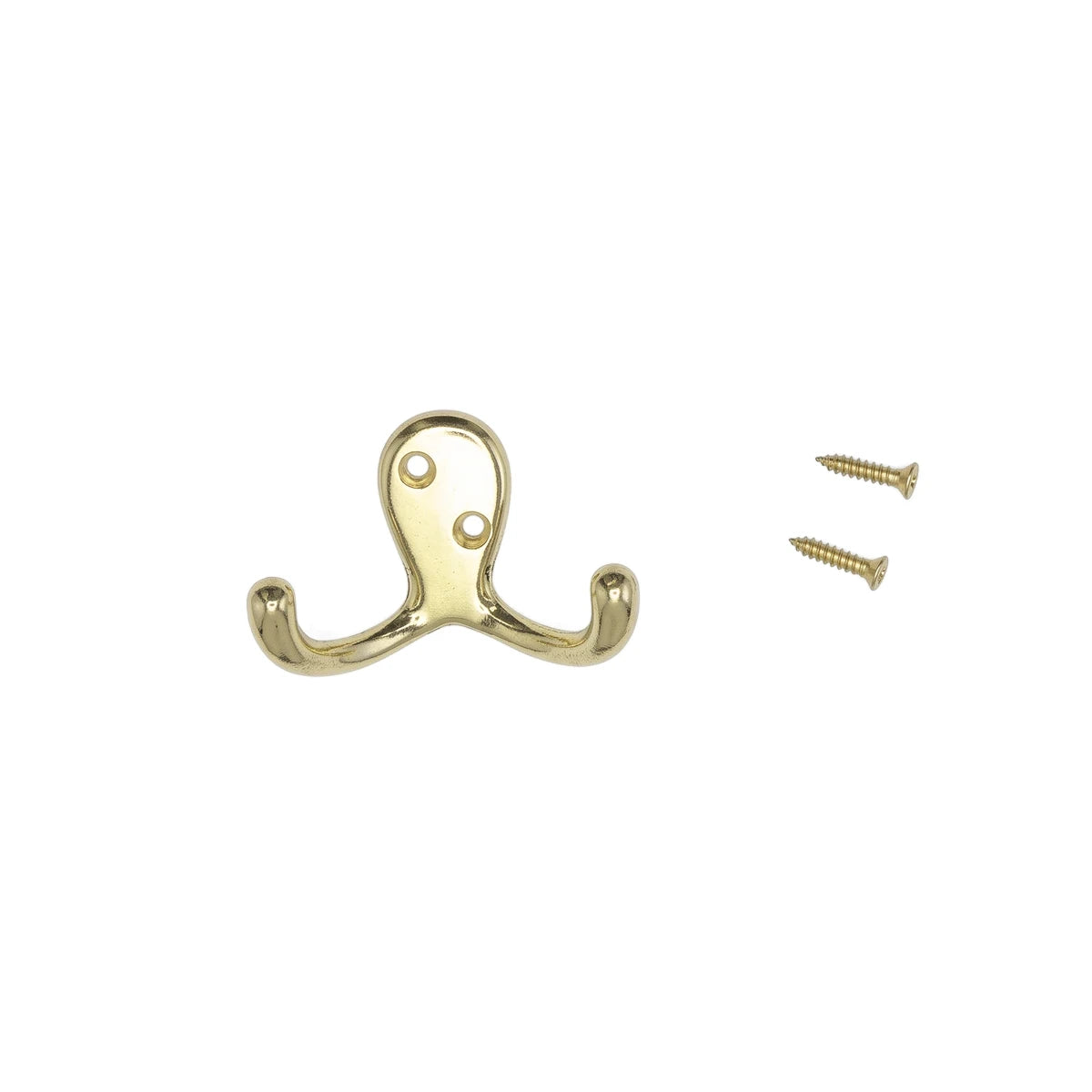 Gold double robe hook by Samson with two arms and included mounting screws, viewed from the front.