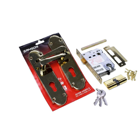 Samson gold finish 8-inch door handle and SABS cylinder lockset, including all components, keys, and screws, on white.