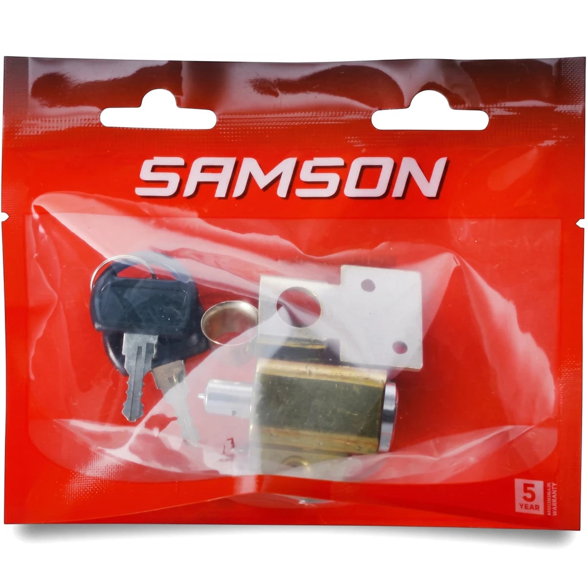 Samson gold patio door latch lock set with keys and mounting plate, sealed in clear retail packaging.