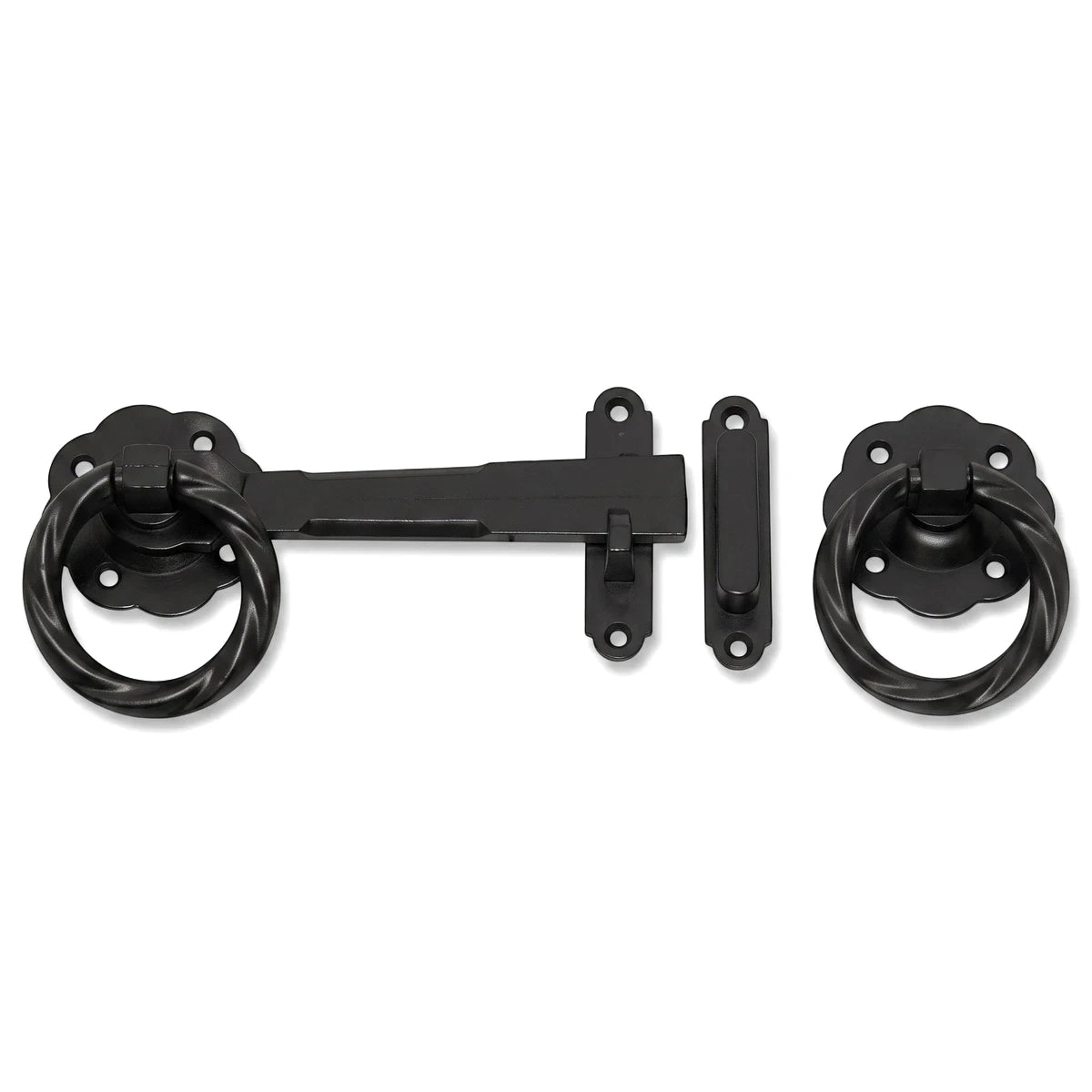 Black gothic ring style Samson gate latch set, made of metal, displayed horizontally on a white background.