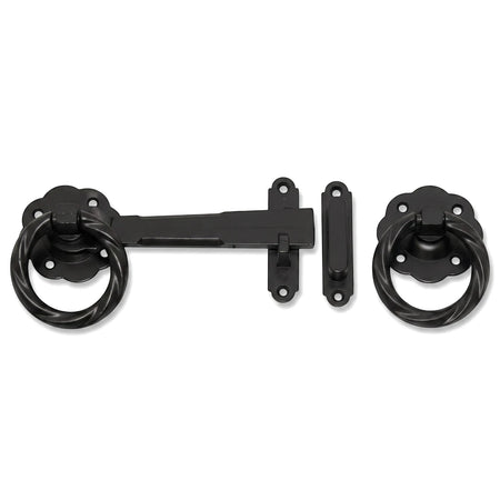 Black gothic ring style Samson gate latch set, made of metal, displayed horizontally on a white background.