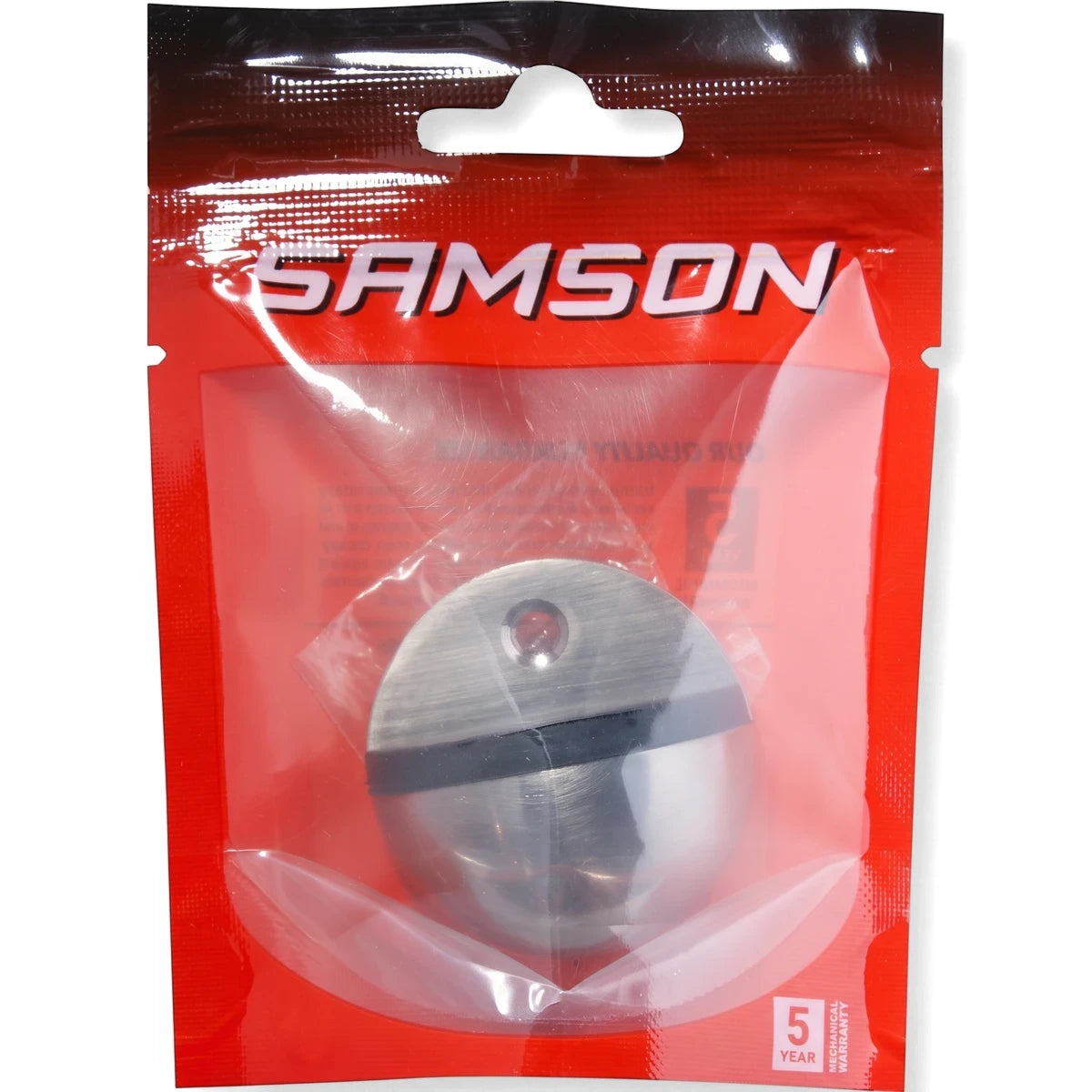 Samson Half Moon Door Stop in brushed silver finish, packaged in a red bag, displaying a 5-year mechanical warranty.