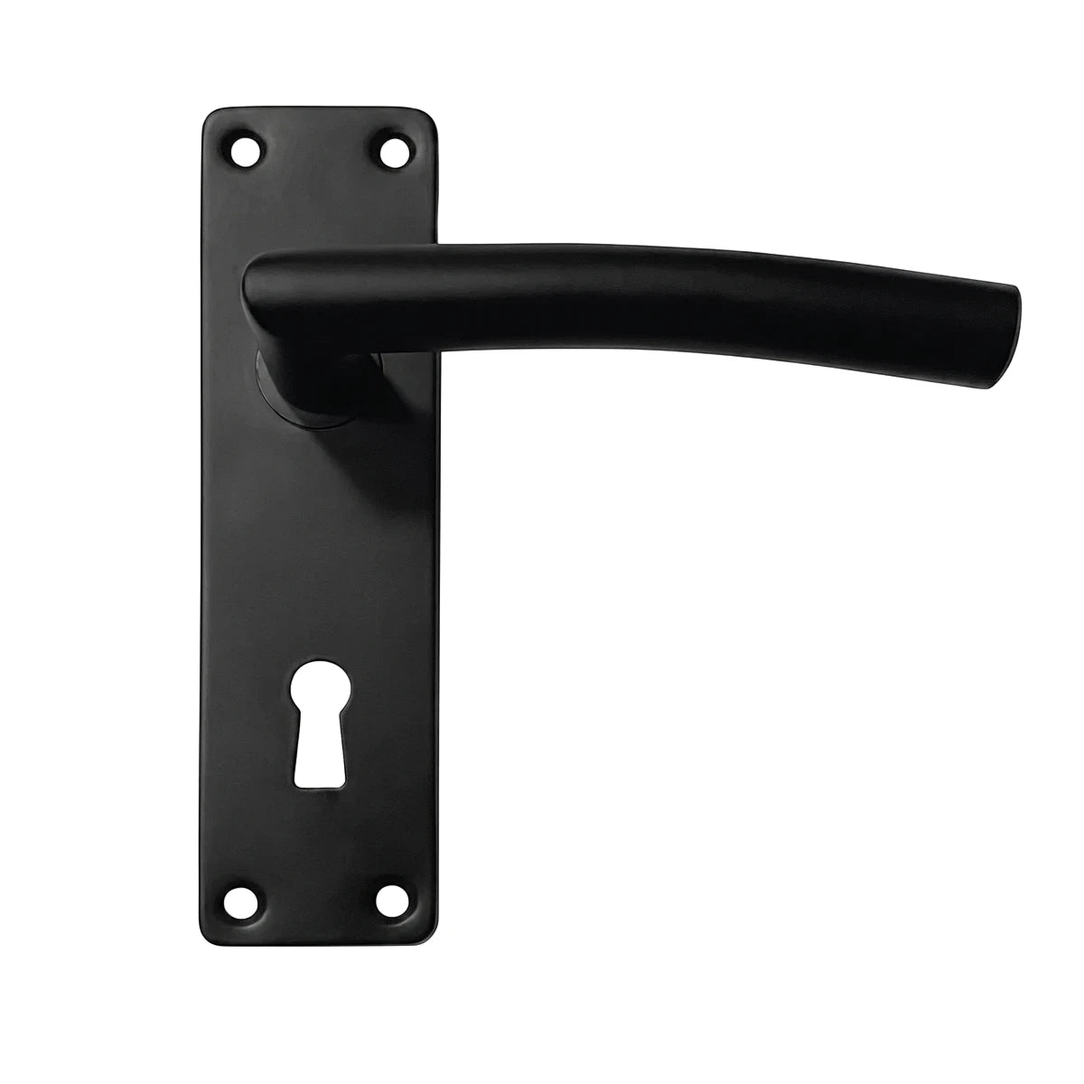 Black Samson Cylindrical 6-inch Gaby door handle with a matte finish and a keyhole plate against a white background.