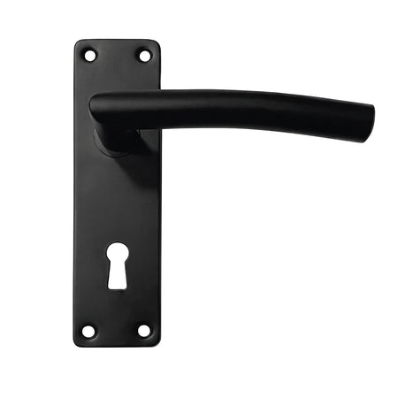 Black Samson Cylindrical 6-inch Gaby door handle with a matte finish and a keyhole plate against a white background.