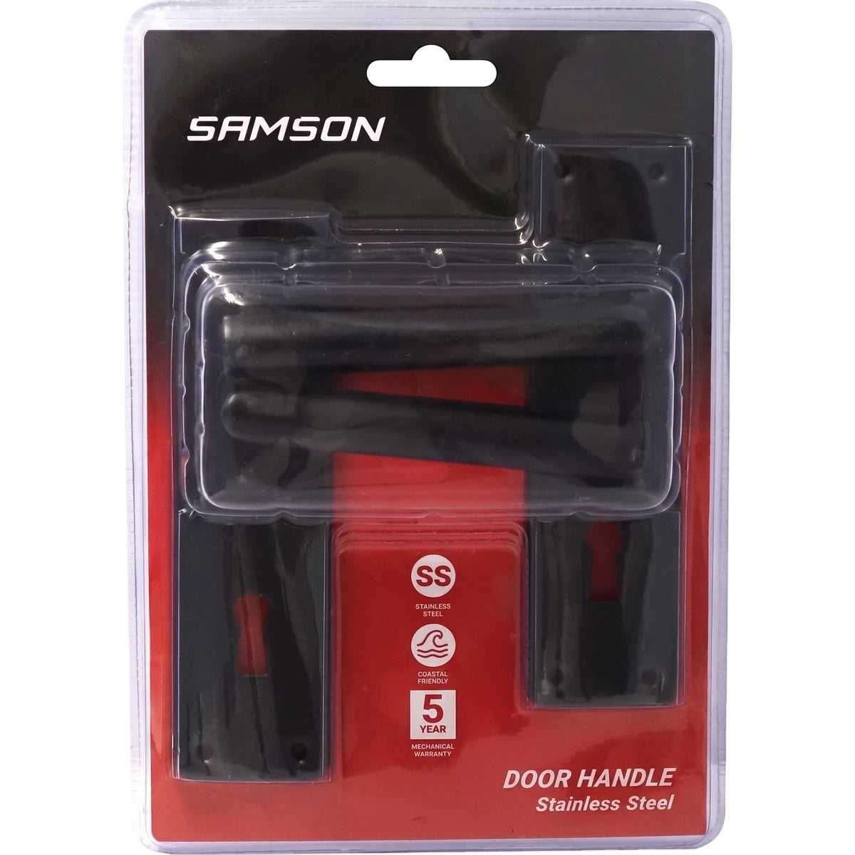 Samson Handle Key 6 inch Nova Matt Black Locks & Latches in stainless steel, presented in clear retail blister packaging.