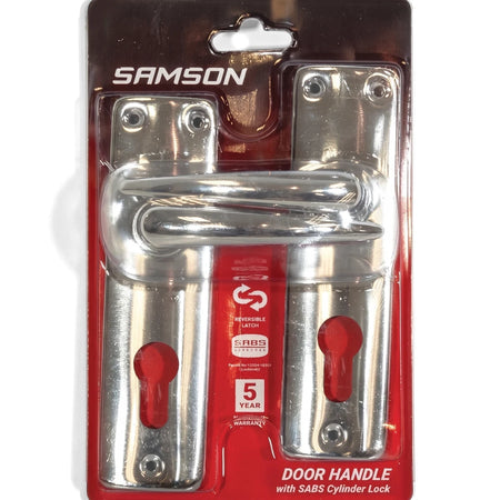 Samson Handle Lever Cylinder 6 inch Chrome door handle set with SABS cylinder lock, clearly displayed in its retail