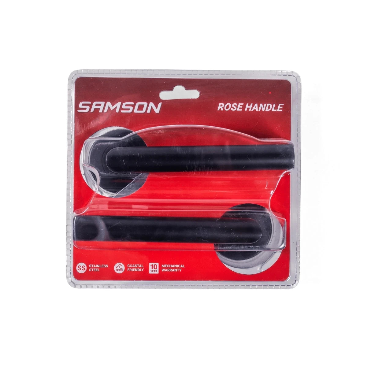 Samson Handle Rose Dh006 Matt Black door handles in clear plastic retail packaging with a red backing.