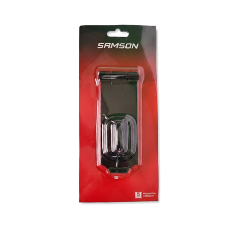 Samson Hasp & Staple H/D 150mm Blk Locks & Latches, black security hardware packaged on a red and black card.