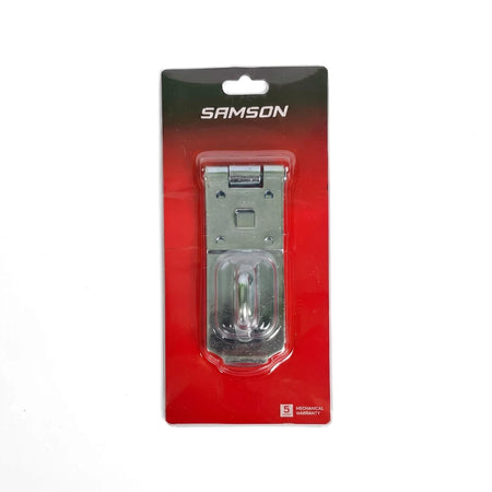 Samson Hasp & Staple H/D 150mm Zp heavy-duty zinc-plated lock hardware, packaged in a clear and red blister pack.