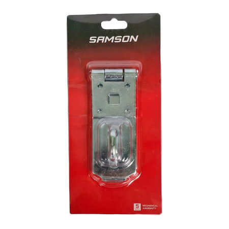 Samson Hasp and Staple 152mm ZP lock in silver metal, packaged in a red and black blister pack, photographed on white.