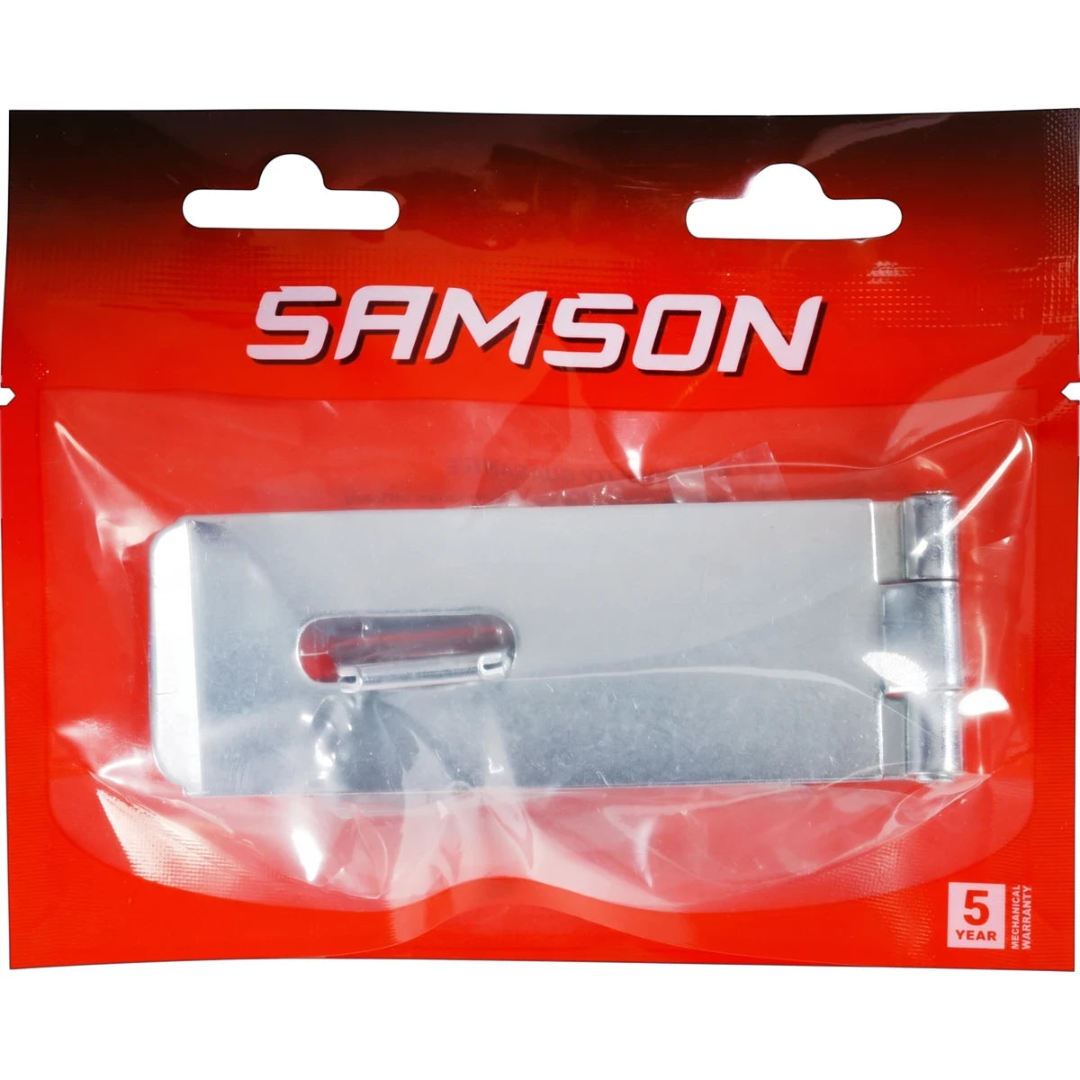 Samson Hasp and Staple 90mm zinc plated lock, packaged in clear and red plastic, designed for securing doors and gates.
