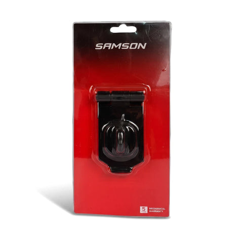 Samson Hasp & Staple H/D 100mm Blk Locks & Latches in black and red retail packaging, front view.
