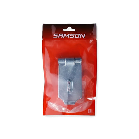 Samson Hasp & Staple H/D 10mm Zp Locks & Latches in red plastic packaging, silver metal hardware for security.