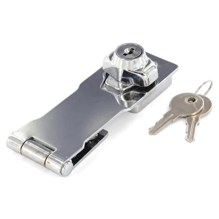 Samson Hasp & Staple Locking 100mm Locks & Latches in shiny chrome finish with two keys for secure fastening.