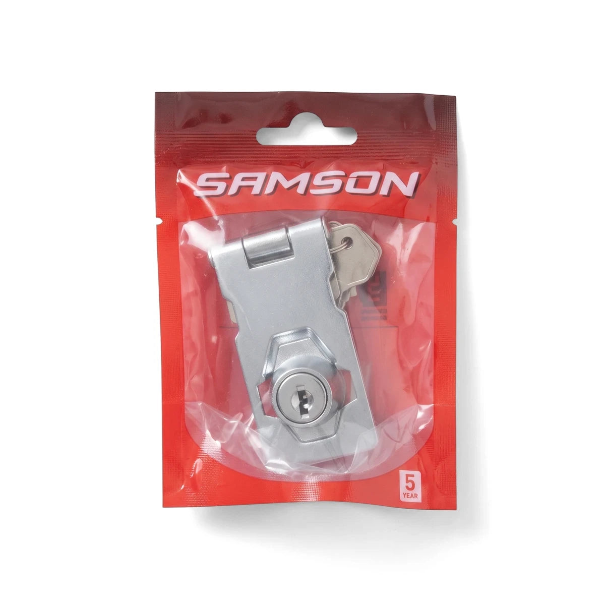 Samson Hasp & Staple Locking 63mm silver lock in a clear and red plastic package with a key.