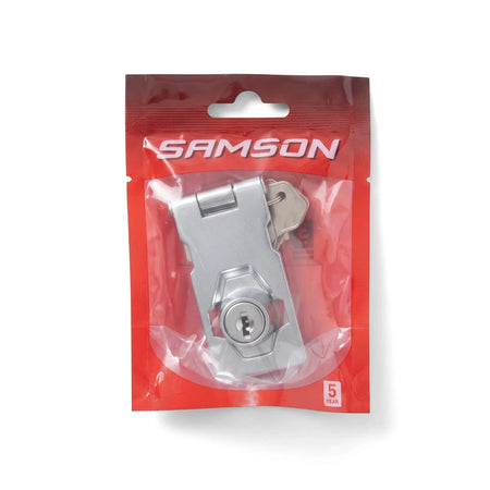 Samson Hasp & Staple Locking 63mm silver lock in a clear and red plastic package with a key.