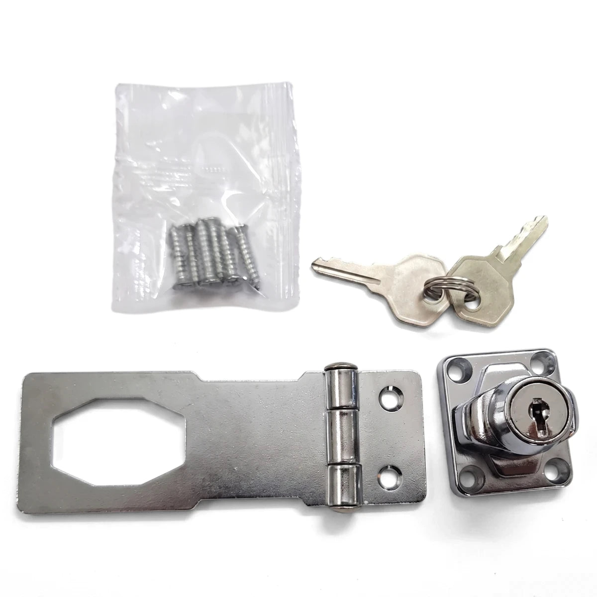Samson Hasp & Staple 75mm locking kit with a silver metal latch, staple, cylinder, two keys, and mounting screws.