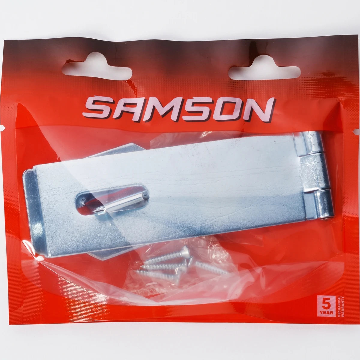 Samson Hasp & Staple St 114mm Zp Locks & Latches, a durable silver metal hasp and staple in red and clear packaging with
