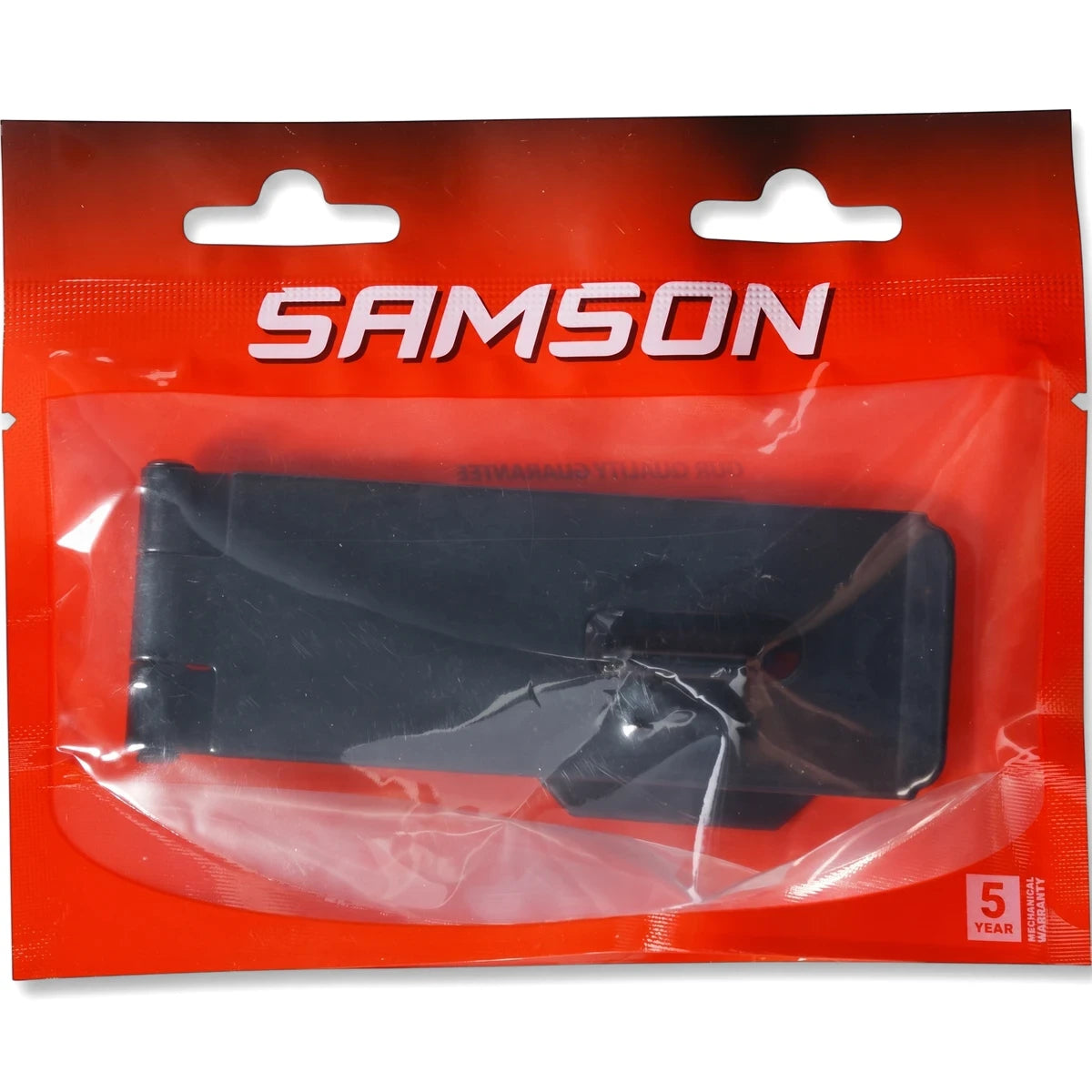 Samson Hasp & Staple St 90mm Blk Locks & Latches in its retail red and clear plastic packaging, showing the front view of