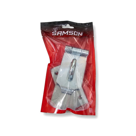 Samson Hasp & Staple Swivel 200mm Zp lock in clear plastic packaging, showcasing its silver finish on a white background.