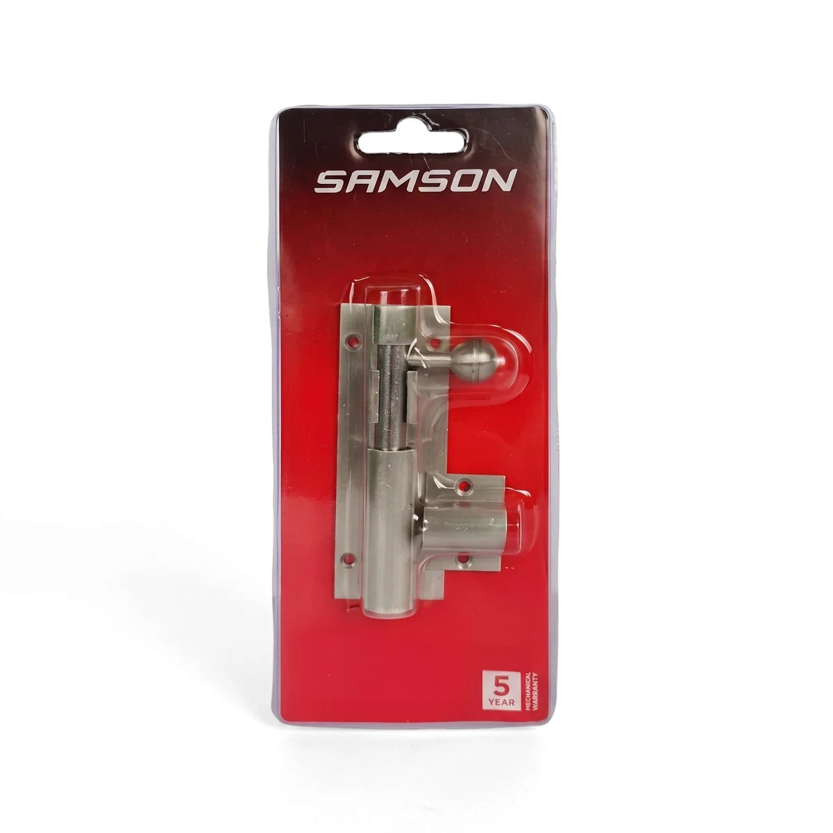 Samson heavy duty 100mm barrel bolt in silver-toned metal, presented in a red and clear blister pack.