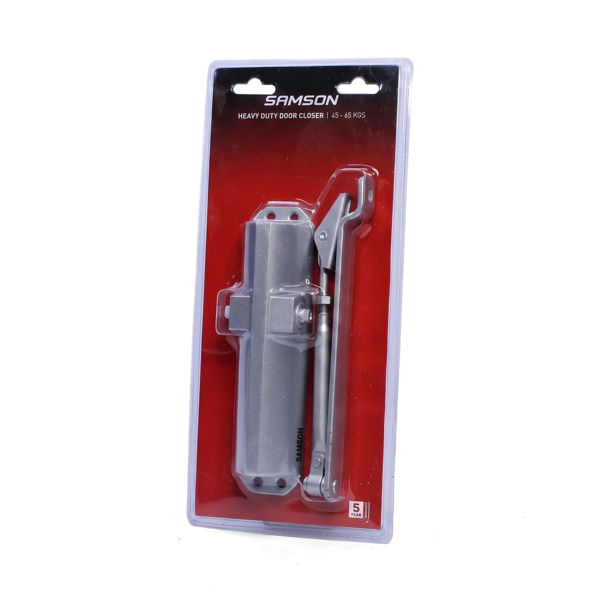 Samson Heavy Duty Door Closer in silver-grey, displayed in clear blister packaging, designed for 65-80kg doors.