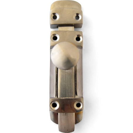 Close-up of a 100mm Samson heavy-duty straight bolt lock in satin nickel finish, featuring a sliding mechanism.
