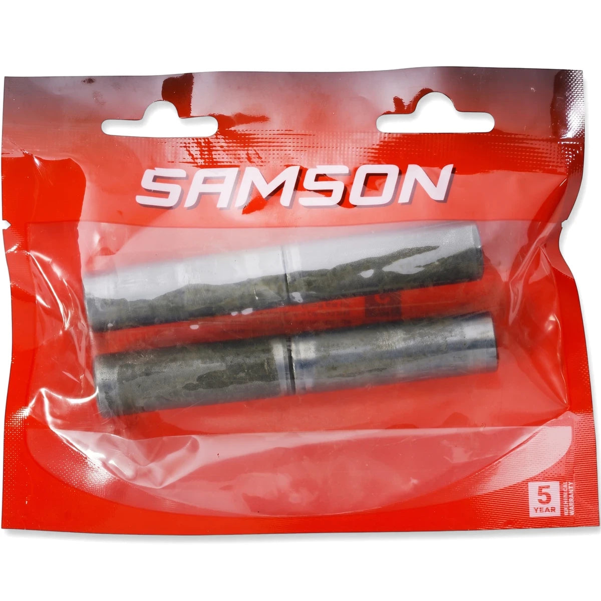 Samson Hinge Bullet Steel M20X70 Hinges, packaged in a clear plastic bag with red branding, visible against a white