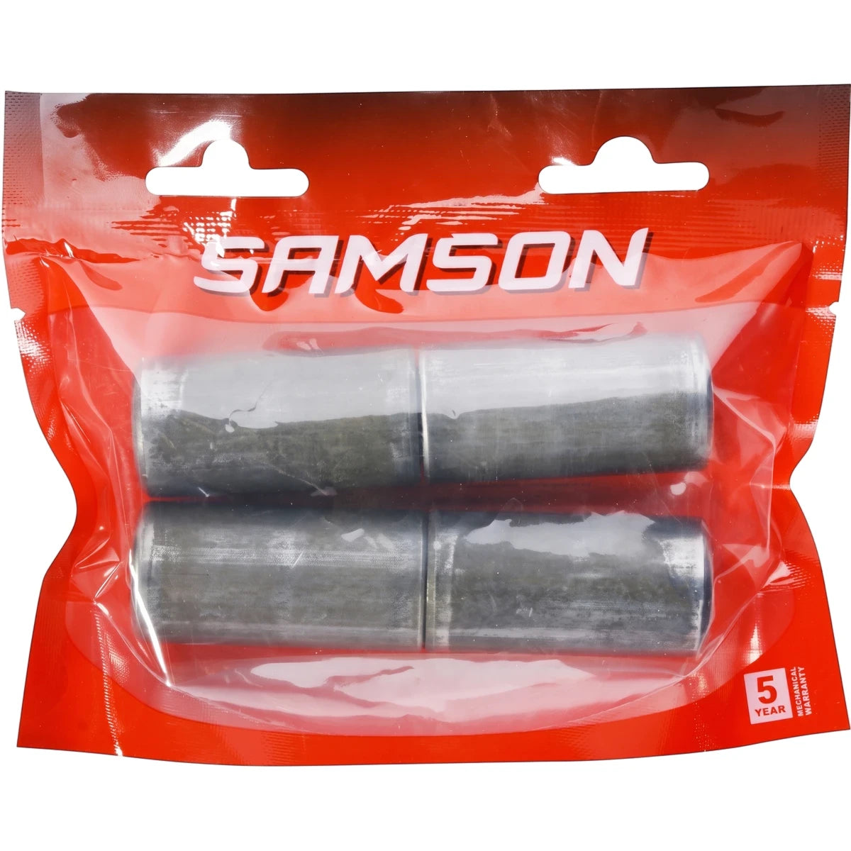 Four metal Samson Hinge Bullet Steel M25X100 Hinges packaged in clear plastic and red branded packaging.