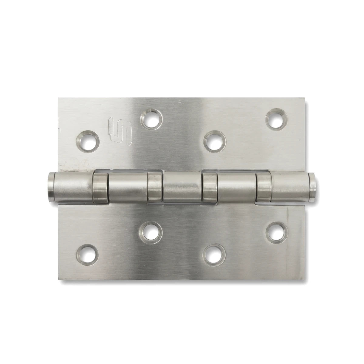 Samson Hinge Butt B/Bear 100X75mm Ss Pvd, a silver stainless steel butt hinge with eight screw holes, shown on a white