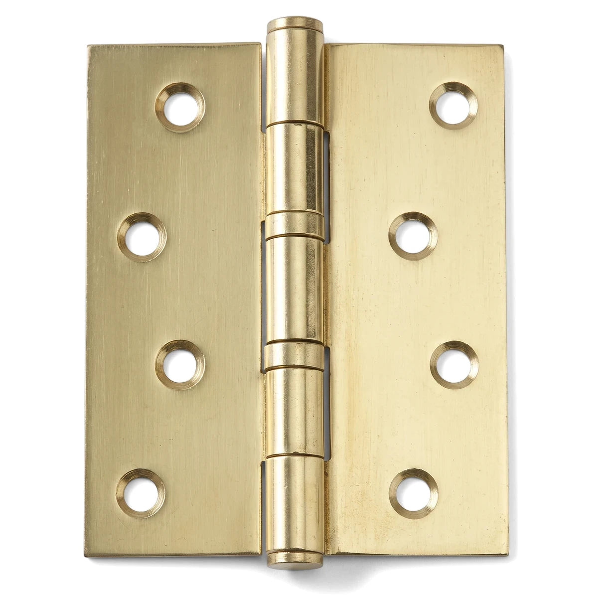 Front view of a Samson Butt Bearing Hinge, 100x75mm, in a polished brass finish, featuring eight screw holes.