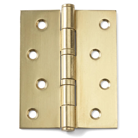 Front view of a Samson Butt Bearing Hinge, 100x75mm, in a polished brass finish, featuring eight screw holes.