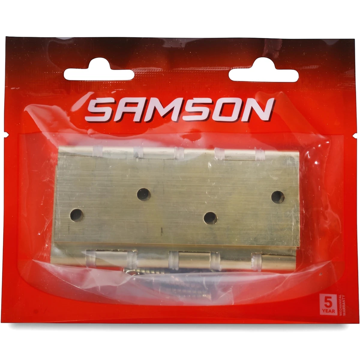 Samson Hinge Butt Br 100mm Nyl Washer Hinges in clear plastic packaging, featuring a brass finish and visible screw holes.