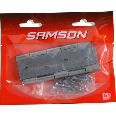 Samson Hinge Butt Steel 100mm S/Colour Hinges with screws, packaged in a red plastic bag with a clear window, on a white