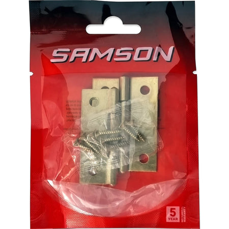Samson Hinge Butt Steel 50mm Bp Hinges and screws in a red plastic package, with Samson logo and 5-year warranty label.
