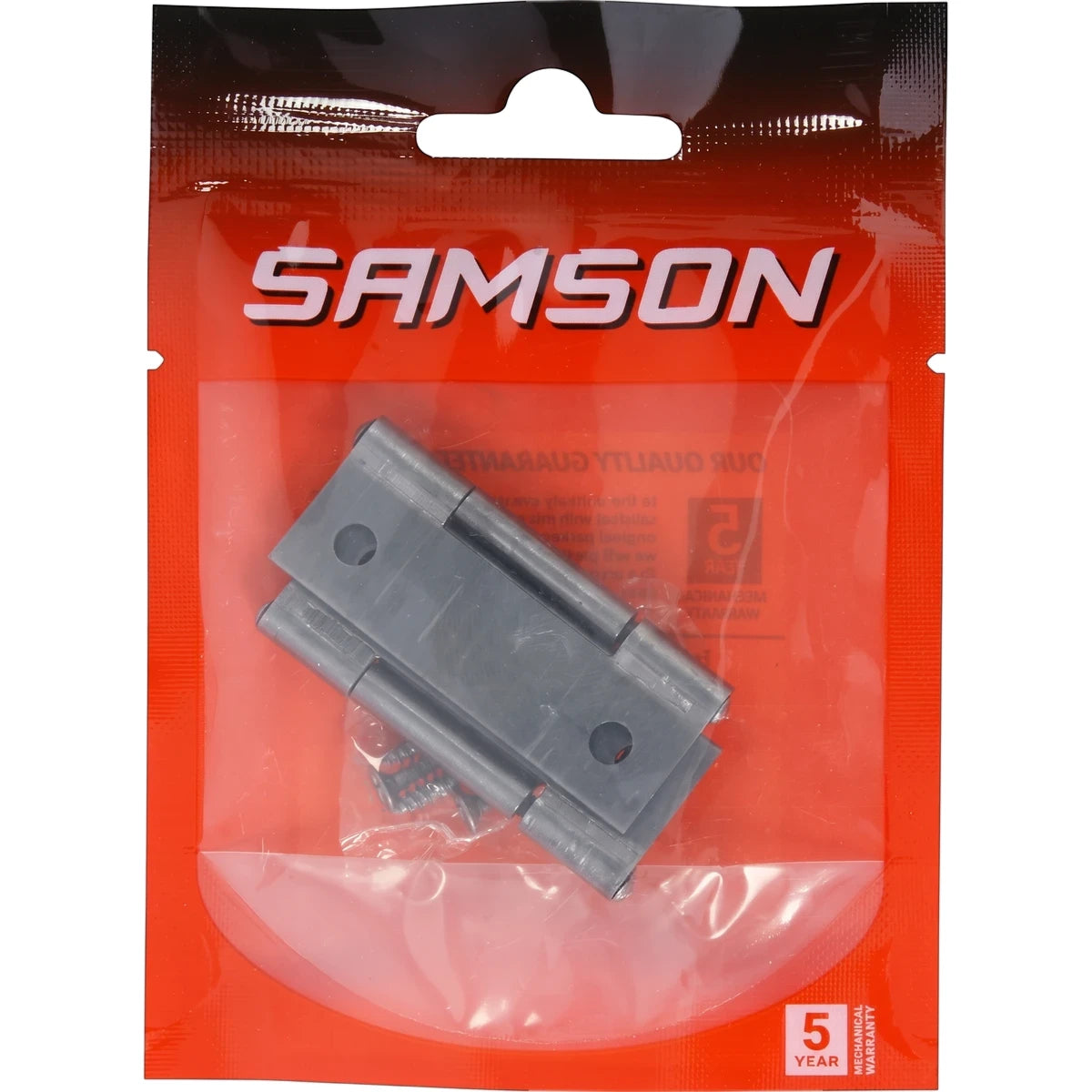 Two gray Samson Hinge Butt Steel 50mm S/Colour Hinges and screws, visible through clear plastic packaging, in a red retail