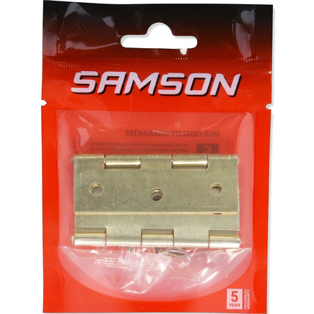 Samson Hinge Butt Steel 65mm Bp Hinges in red and clear retail packaging, showing the golden-colored hinge inside.