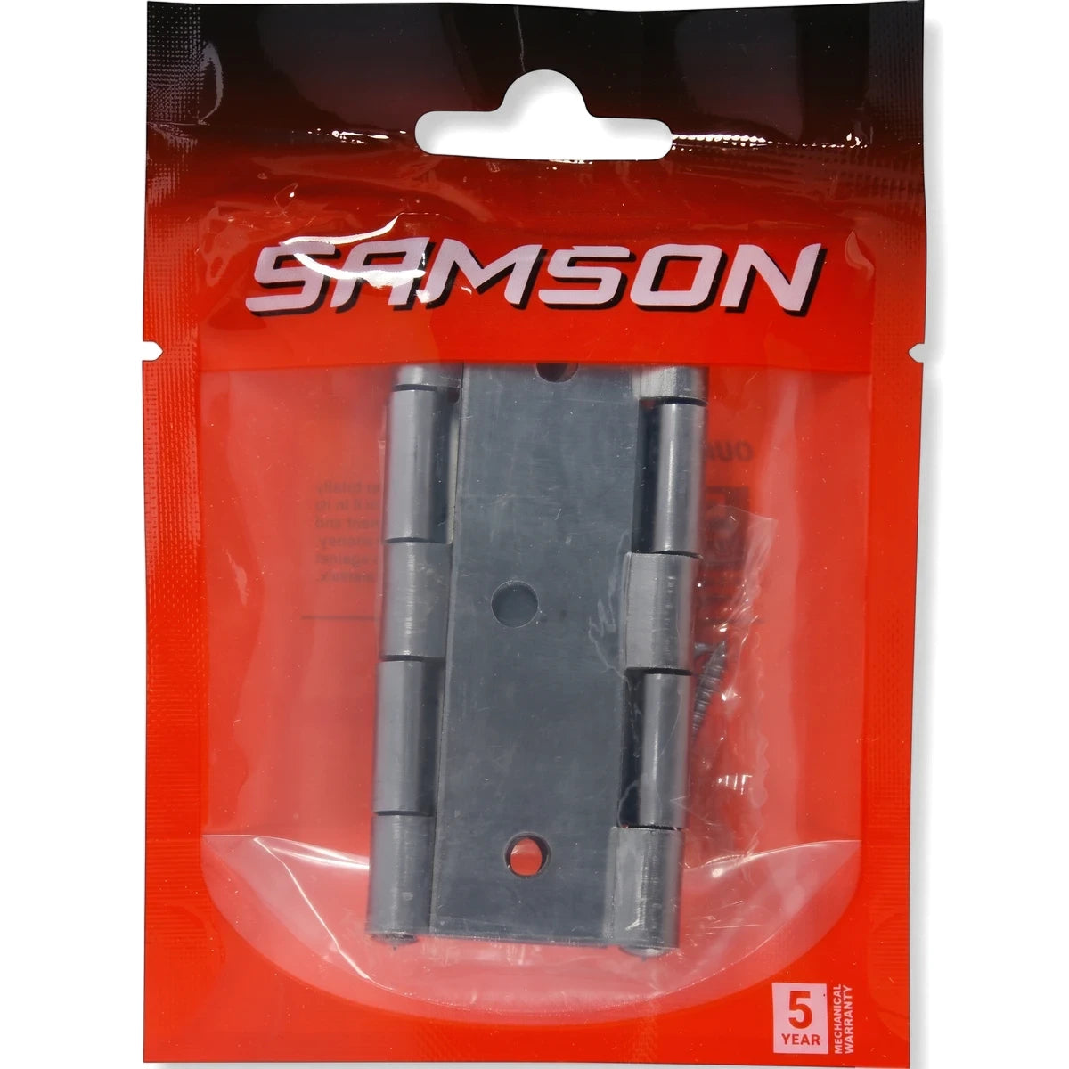 Samson Hinge Butt Steel 75mm in a black finish, packaged in clear and red plastic, with included screws for installation.