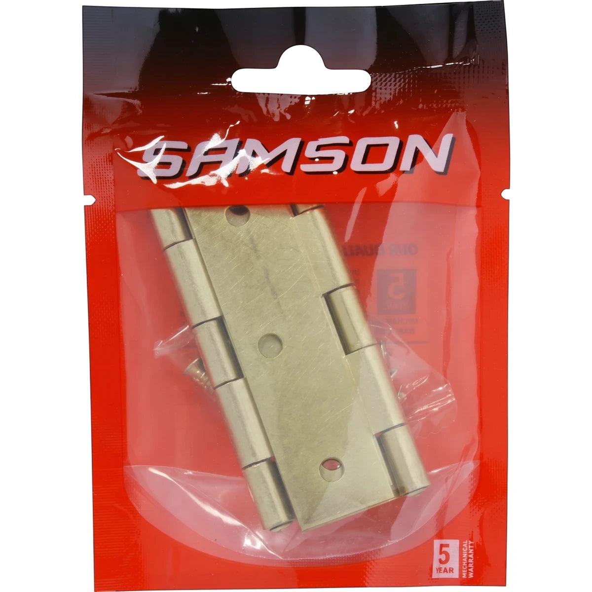 Samson Hinge Butt Steel 75mm Bp Hinges in a brass finish, packaged in a clear red plastic pouch for hardware.